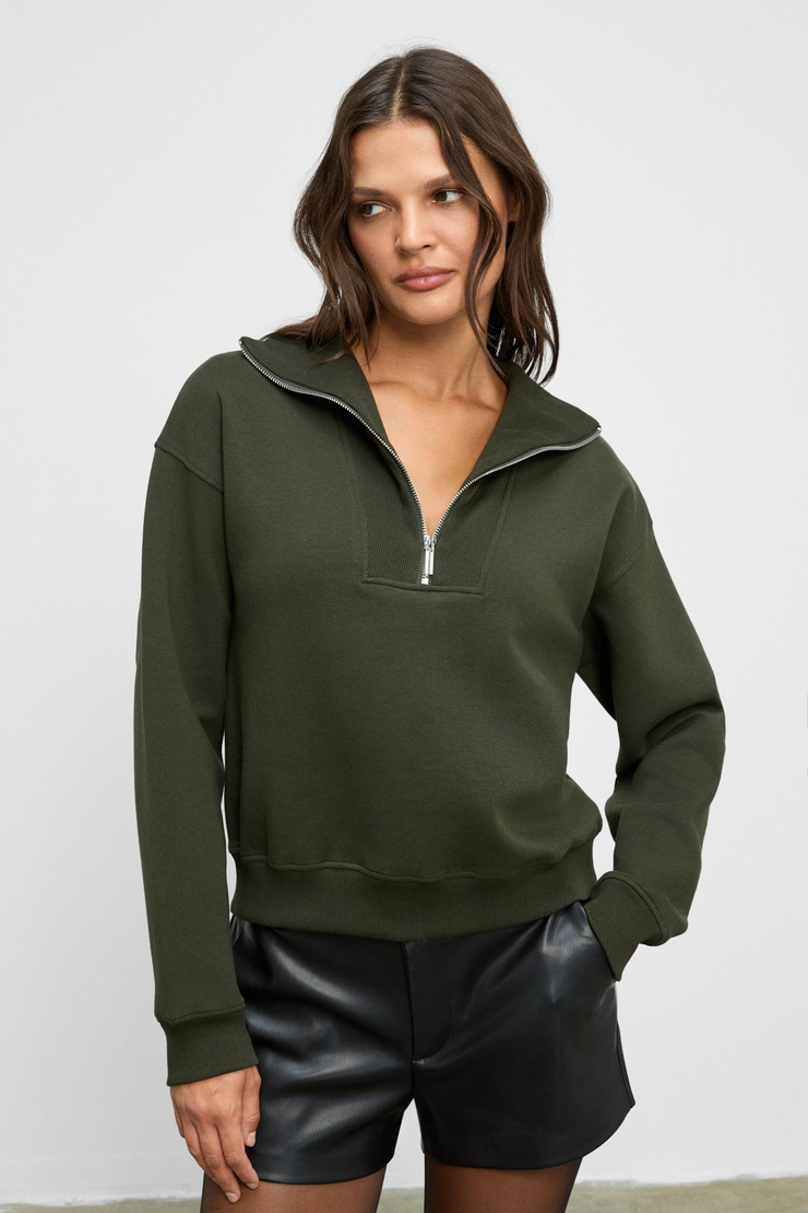 ENDORA Kadın Yumuşak Polarlı Kumaşlı Yakası Fermuarlı Regular Haki Sweatshirt