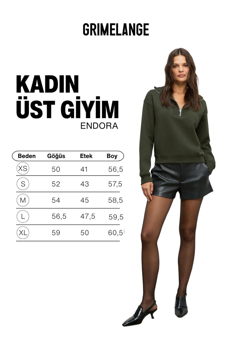 ENDORA Kadın Yumuşak Polarlı Kumaşlı Yakası Fermuarlı Regular Haki Sweatshirt