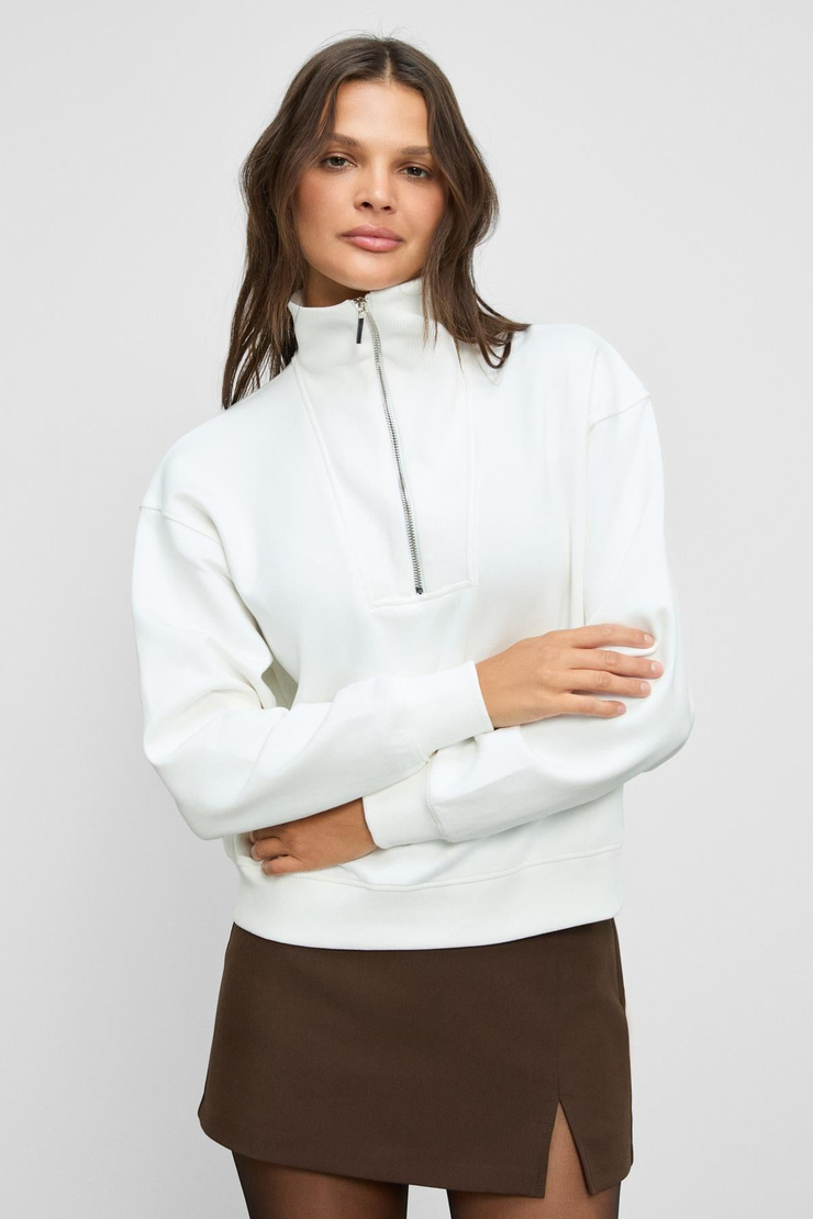 ENDORA Kadın Yumuşak Polarlı Kumaşlı Yakası Fermuarlı Regular Ekru Sweatshirt