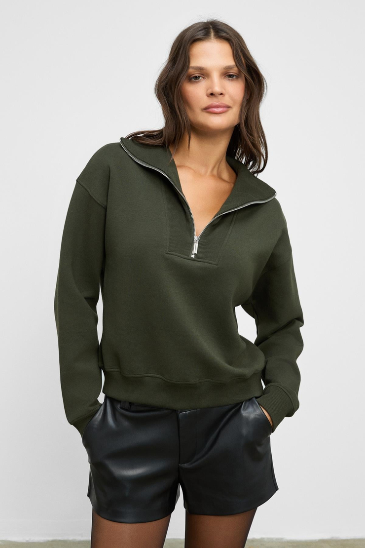 ENDORA Kadın Yumuşak Polarlı Kumaşlı Yakası Fermuarlı Regular Haki Sweatshirt