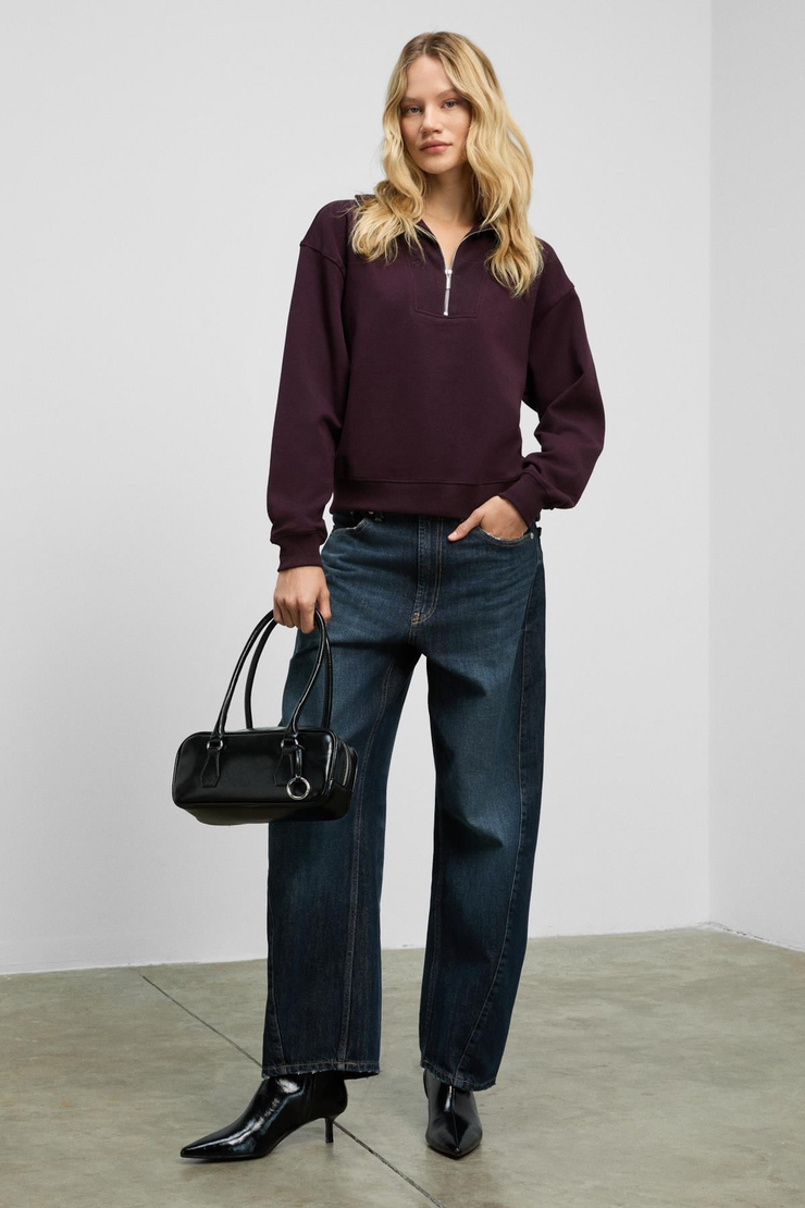 ENDORA Kadın Yumuşak Polarlı Kumaşlı Yakası Fermuarlı Regular Bordo Sweatshirt