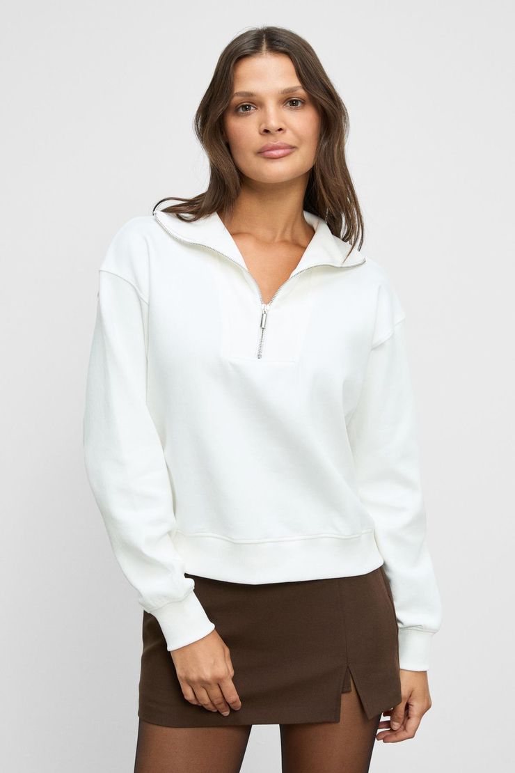 ENDORA Kadın Yumuşak Polarlı Kumaşlı Yakası Fermuarlı Regular Ekru Sweatshirt