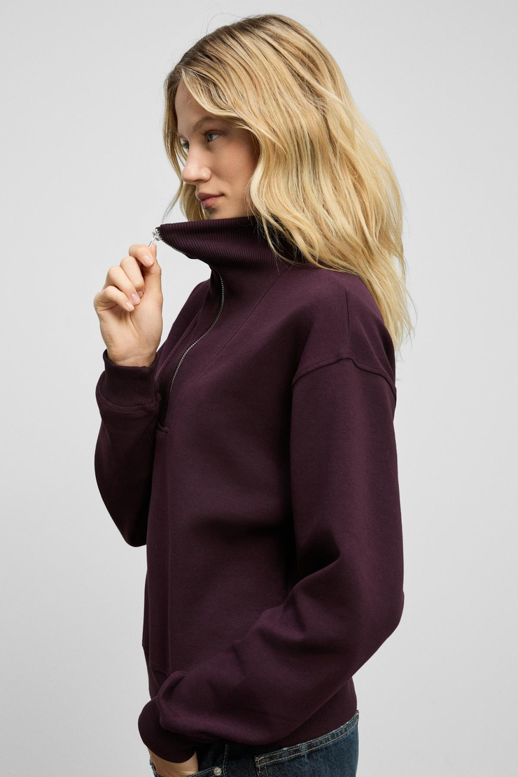 ENDORA Kadın Yumuşak Polarlı Kumaşlı Yakası Fermuarlı Regular Bordo Sweatshirt