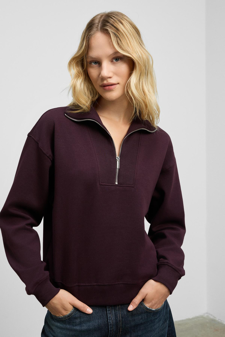 ENDORA Kadın Yumuşak Polarlı Kumaşlı Yakası Fermuarlı Regular Bordo Sweatshirt