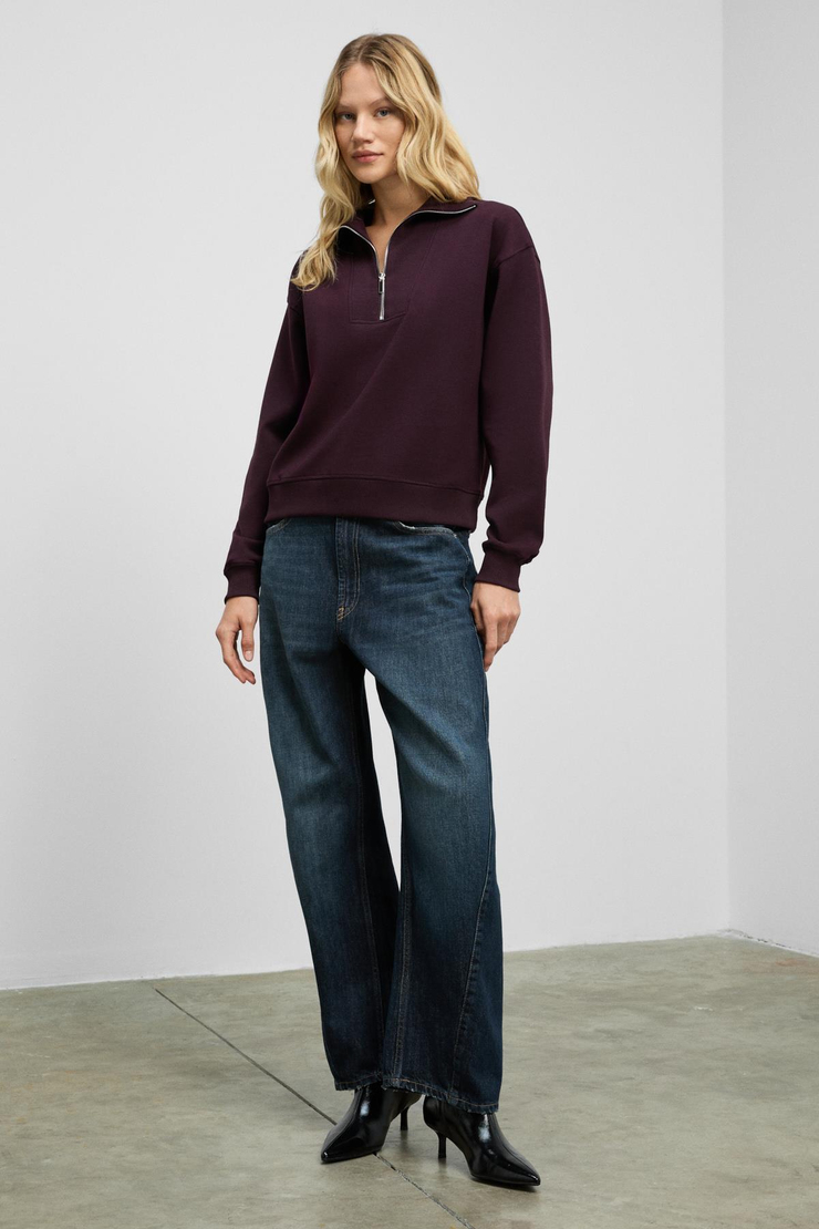 ENDORA Kadın Yumuşak Polarlı Kumaşlı Yakası Fermuarlı Regular Bordo Sweatshirt