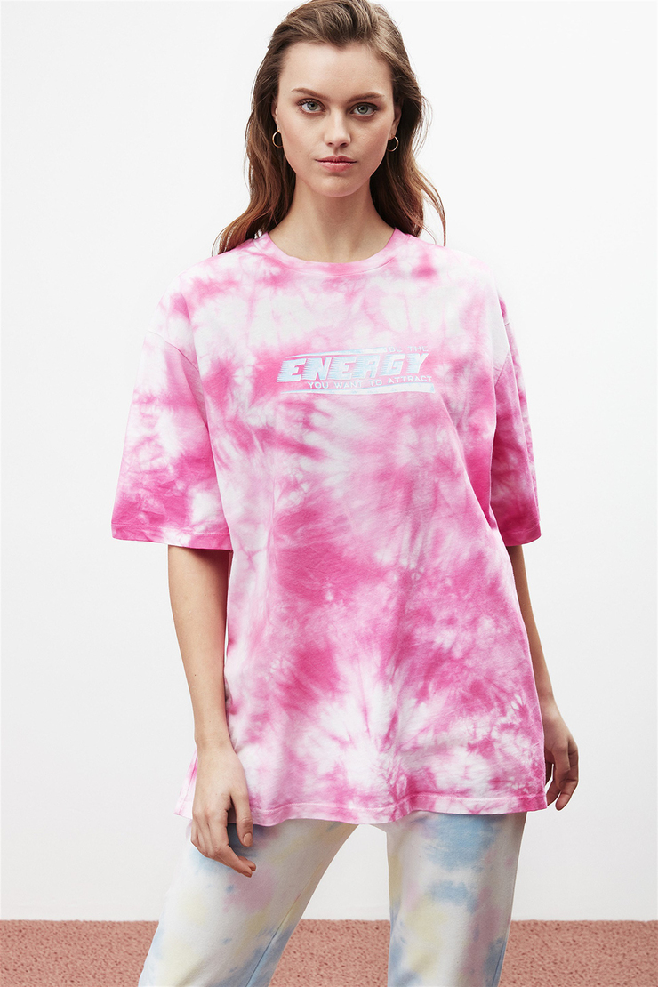 ENERGY Kadın Pembe Baskılı Yuvarlak Yaka Oversıze T-Shirt