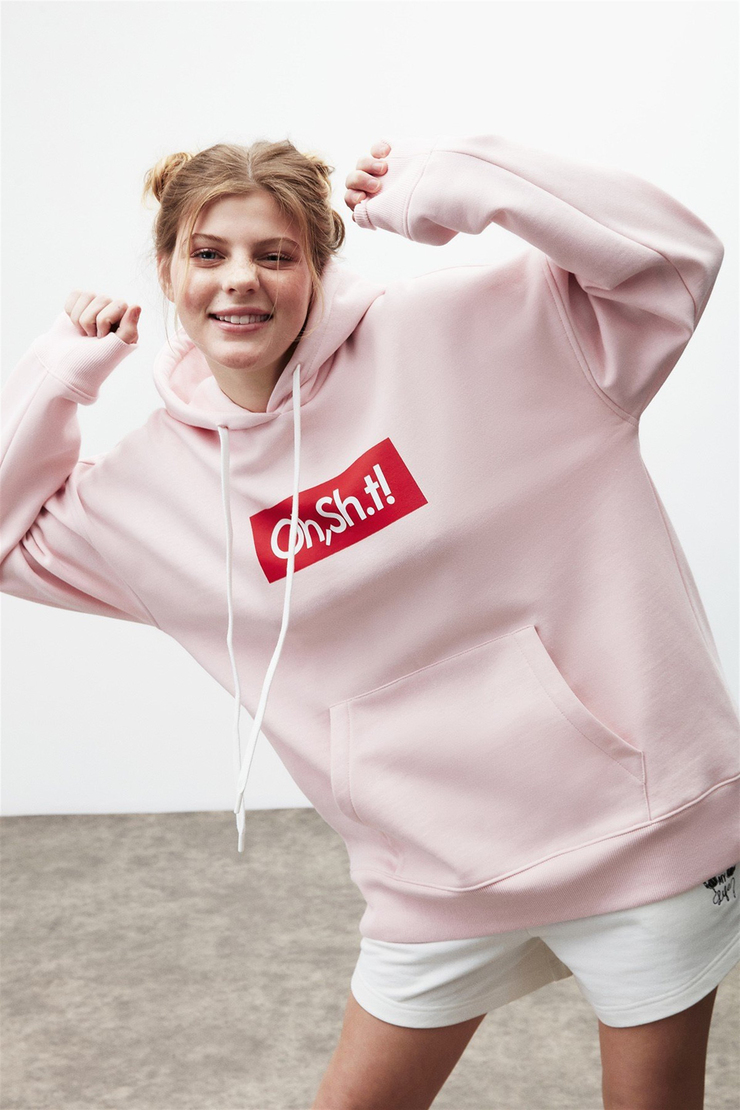 ERIKA Kadın Pembe Baskılı Kapüşonlu Comfort Fit Sweatshirt