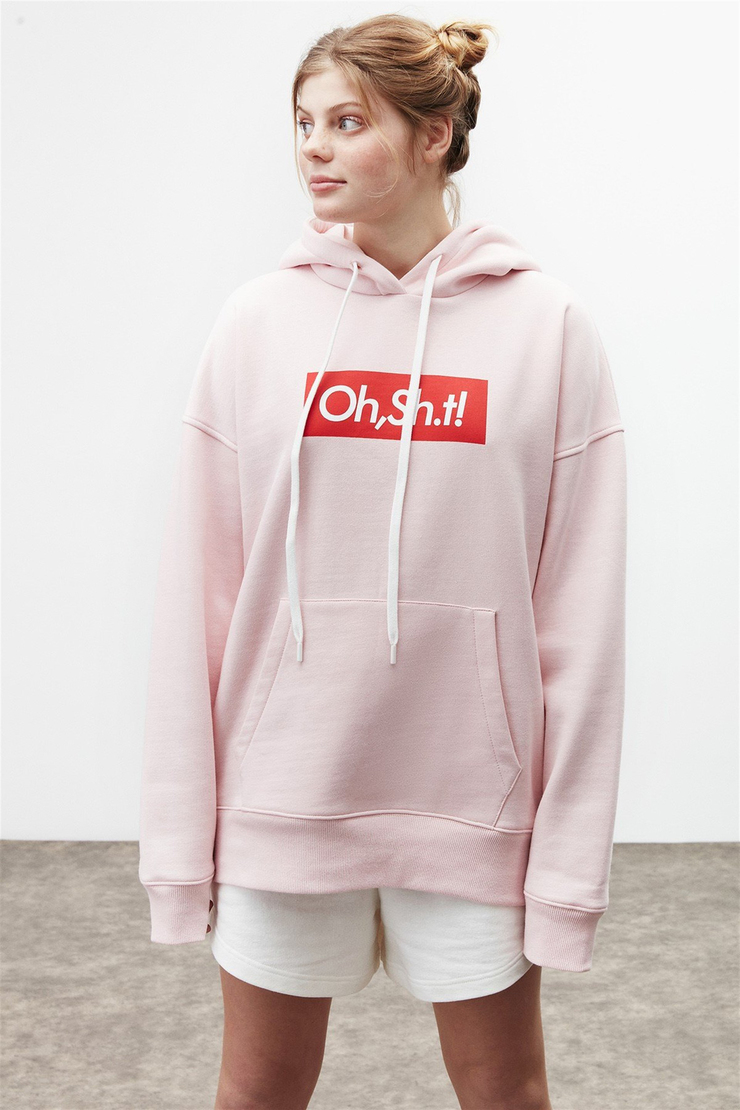 ERIKA Kadın Pembe Baskılı Kapüşonlu Comfort Fit Sweatshirt