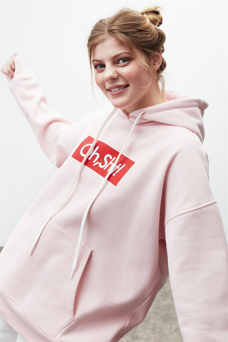 ERIKA Kadın Pembe Baskılı Kapüşonlu Comfort Fit Sweatshirt