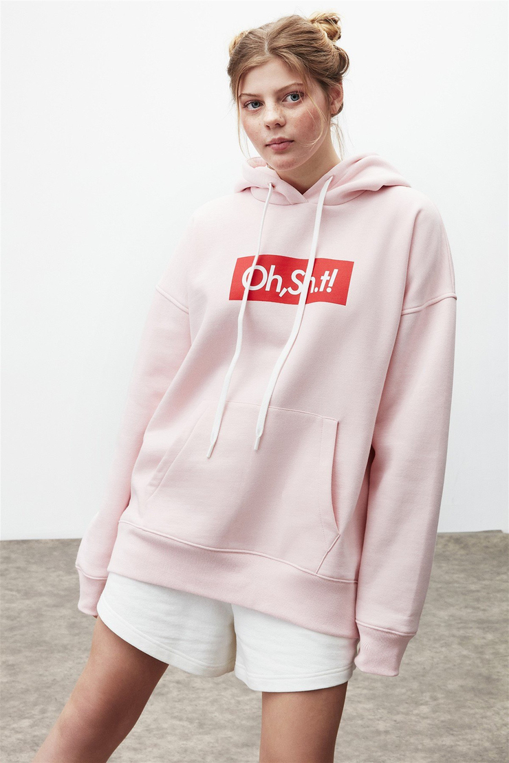 ERIKA Kadın Pembe Baskılı Kapüşonlu Comfort Fit Sweatshirt
