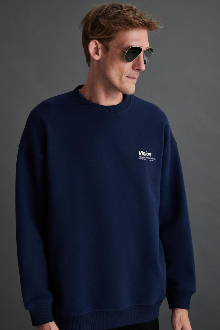 ERNEST Erkek Yumuşacık İçi Polarlı Baskı Detaylı Organik Pamuk Oversize Lacivert Sweatshirt