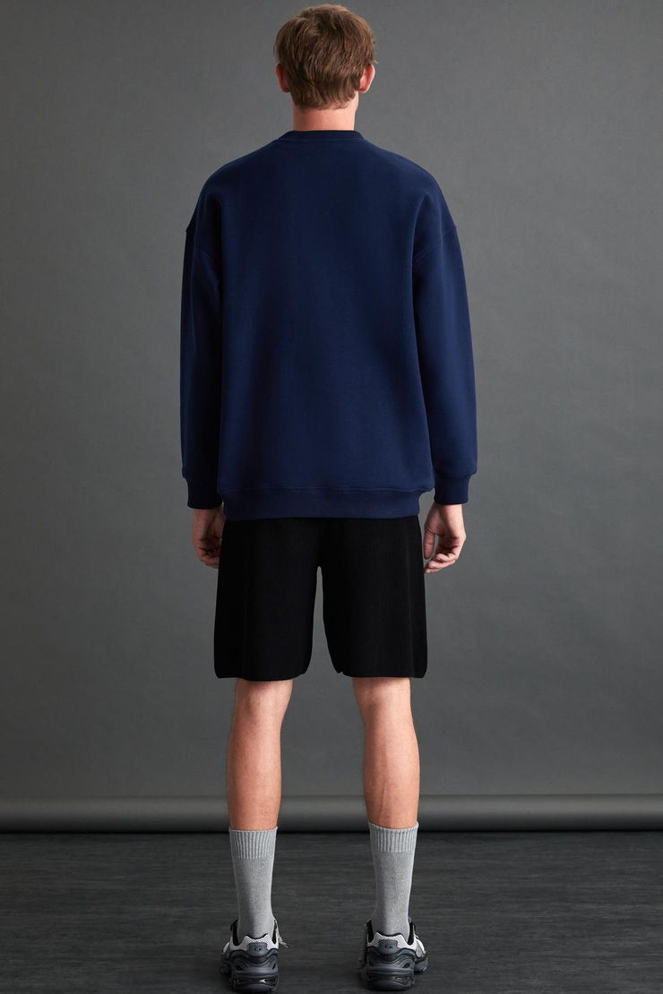 ERNEST Erkek Yumuşacık İçi Polarlı Baskı Detaylı Organik Pamuk Oversize Lacivert Sweatshirt