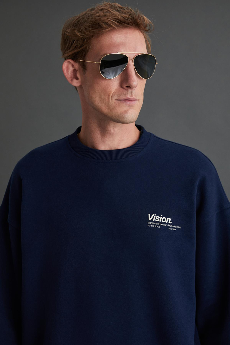 ERNEST Erkek Yumuşacık İçi Polarlı Baskı Detaylı Organik Pamuk Oversize Lacivert Sweatshirt