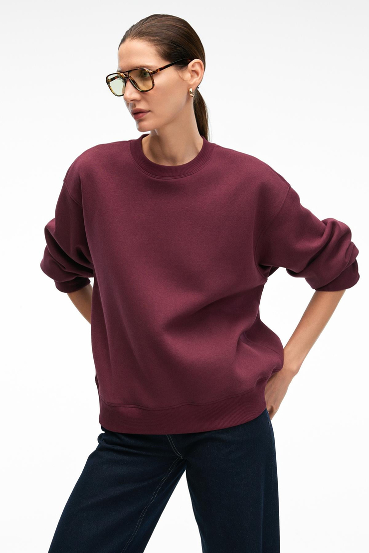 ESME Kadın Oversize Yuvarlak Yakalı Kol Ucu Ve Etek Ucu Manşetli Bordo Sweatshirt