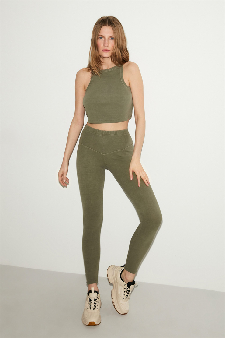 ESTELLA Haki Kadın Düz Renk Yuvarlak Yaka     Slim Fit Alt-Üst Takım