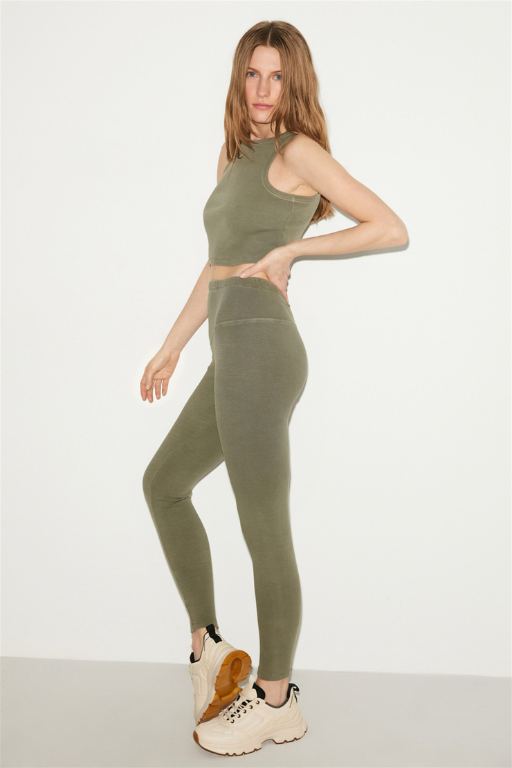 ESTELLA Haki Kadın Düz Renk Yuvarlak Yaka     Slim Fit Alt-Üst Takım