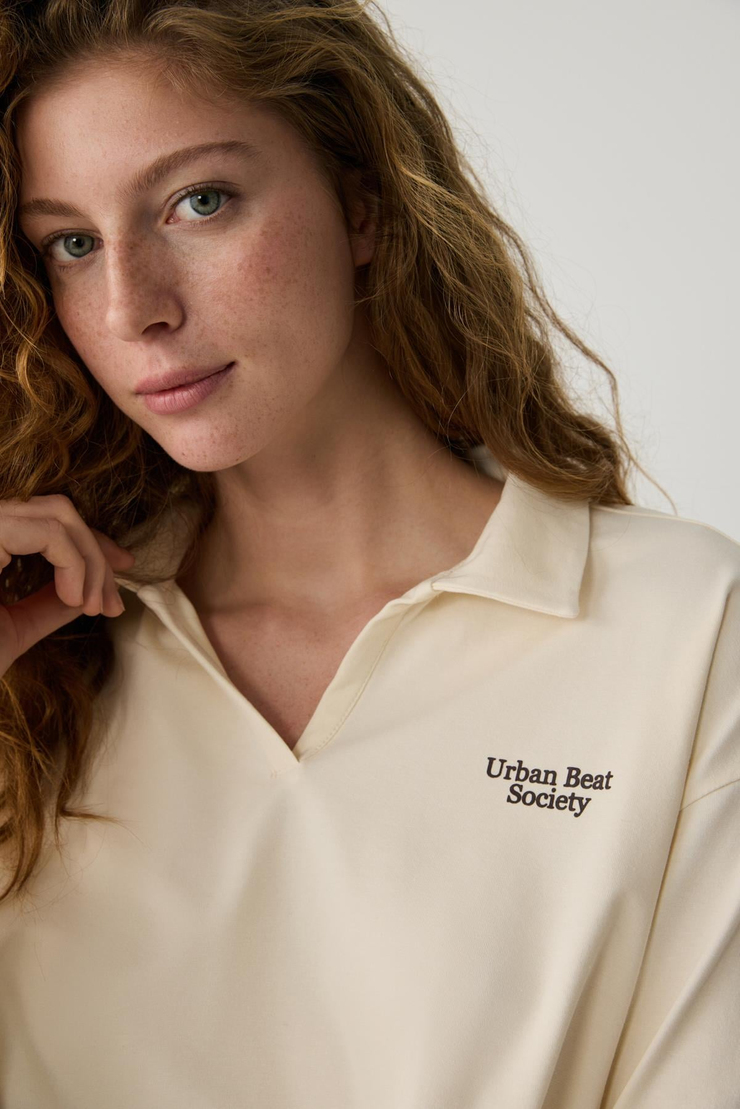EUDORA Kadın Polo Yaka Patlı Uzun Kollu Baskı Detaylı Ekru T-Shirt