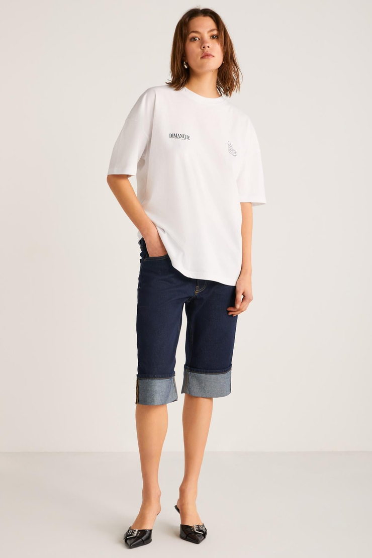 EVADNE Basic Slim Beyaz Tekli T-Shirt