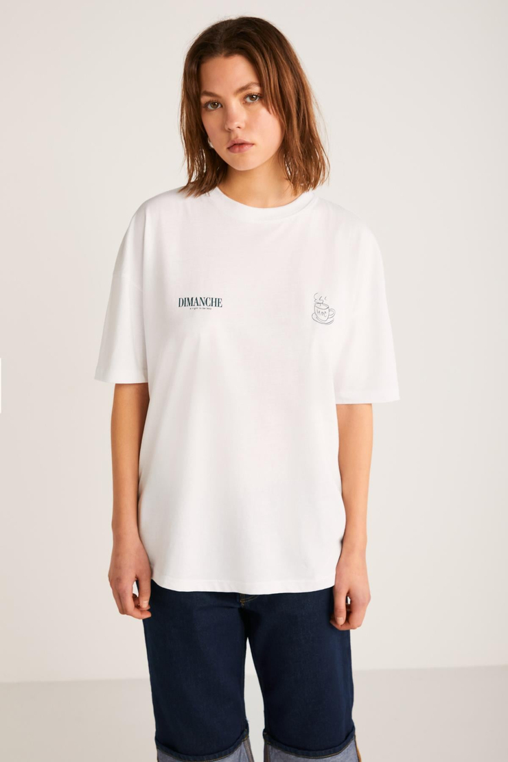 EVADNE Basic Slim Beyaz Tekli T-Shirt