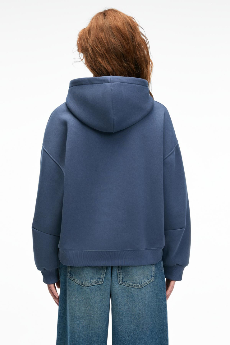 EVANTIA Kadın Baskılı Oversize Kapüşonlu Nakış Detaylı Kanguru Cep Lacivert Sweatshirt