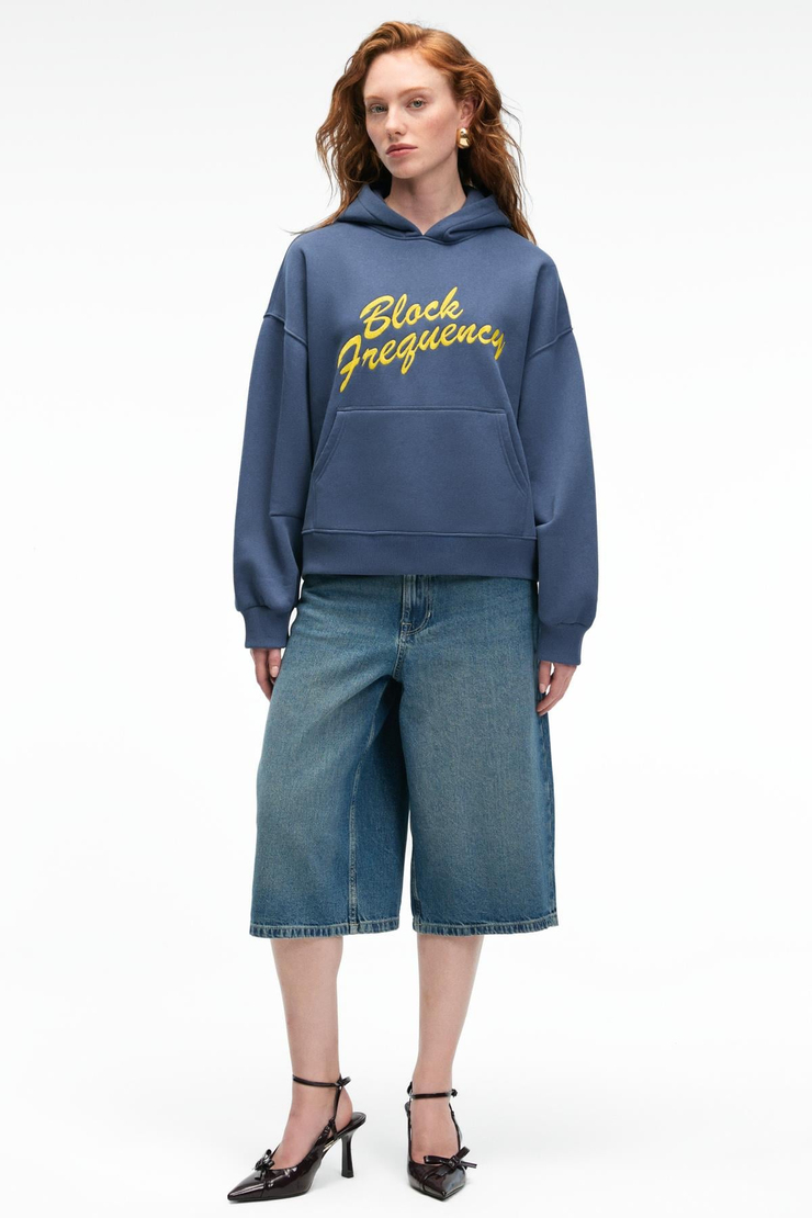 EVANTIA Kadın Baskılı Oversize Kapüşonlu Nakış Detaylı Kanguru Cep Lacivert Sweatshirt