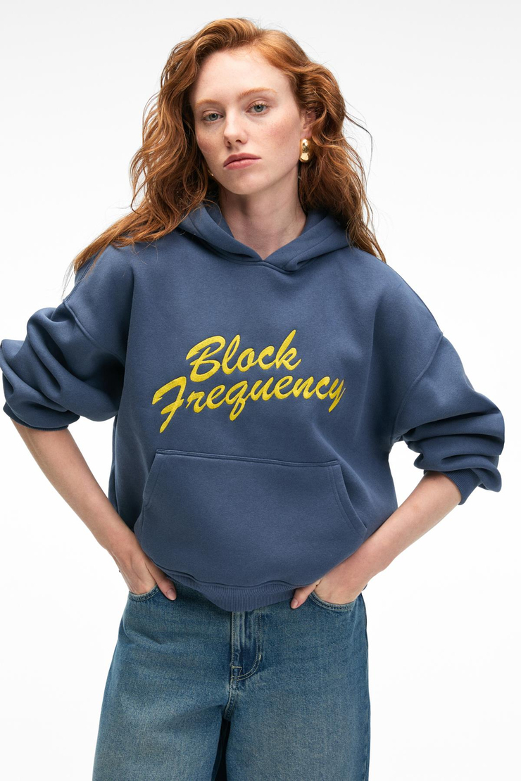 EVANTIA Kadın Baskılı Oversize Kapüşonlu Nakış Detaylı Kanguru Cep Lacivert Sweatshirt
