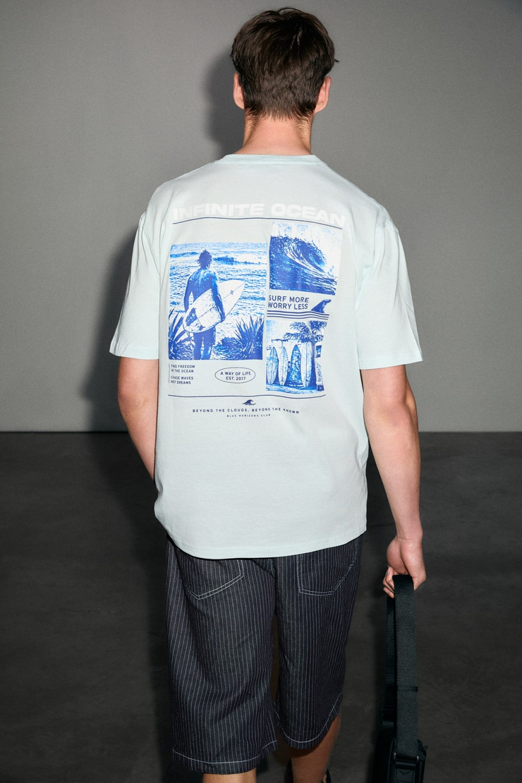 EXOTIC Erkek %100 Organik Pamuklu Baskı Detaylı Rahat Kalıp Mavi T-Shirt