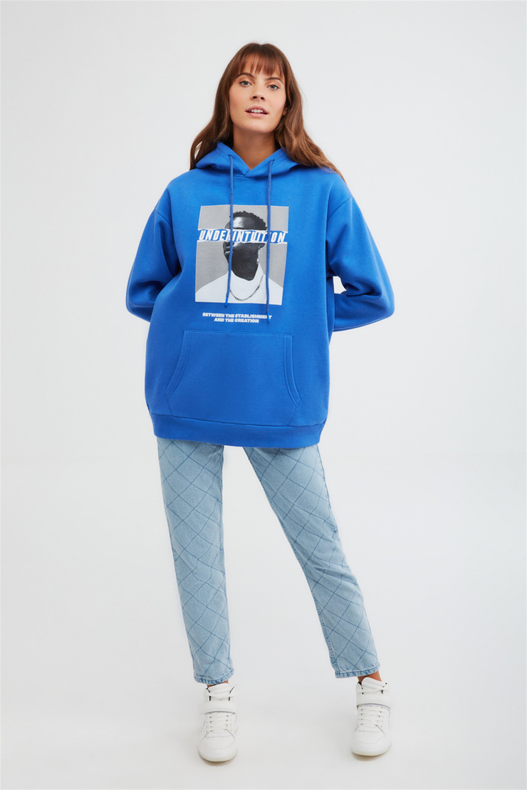 EXPANSION Kadın Saks Mavi Baskılı Kapüşonlu Ekstra Oversize Sweatshirt