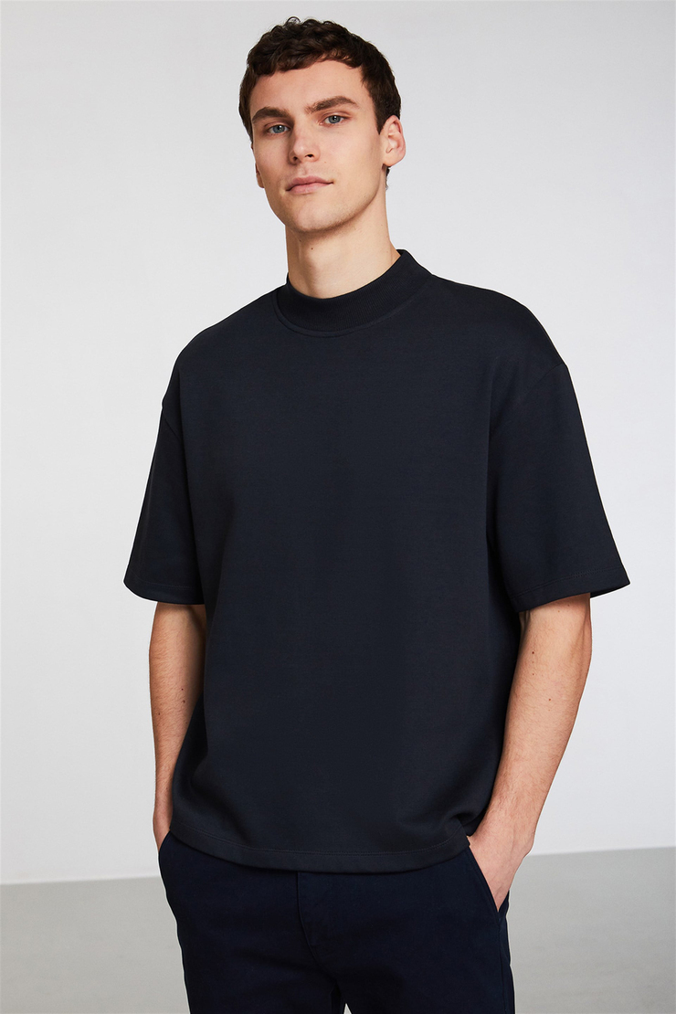 FABIO Erkek Lacivert Düz Renk Dik Yakalı Oversıze T-Shirt