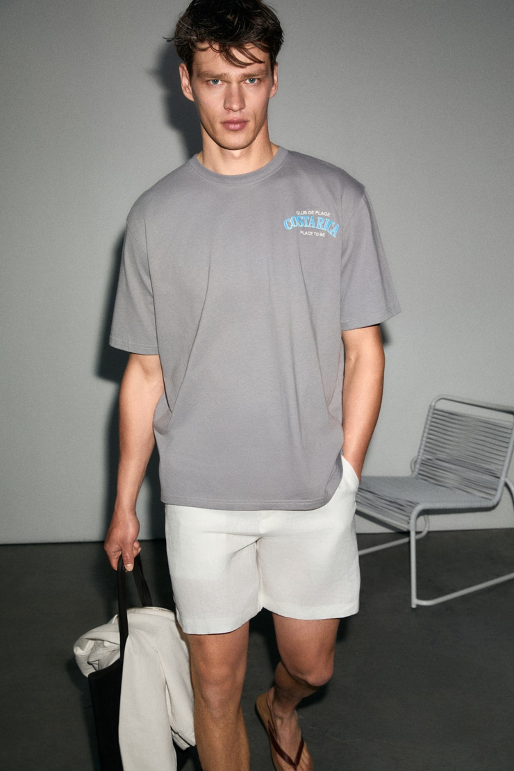 FARID Erkek %100 Organik Pamuklu Baskı Detaylı Yuvarlak Yaka Regular Fit Gri T-Shirt