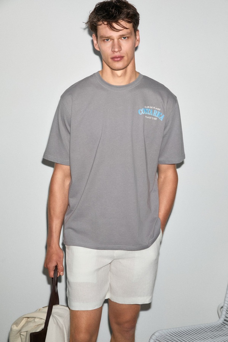 FARID Erkek %100 Organik Pamuklu Baskı Detaylı Yuvarlak Yaka Regular Fit Gri T-Shirt