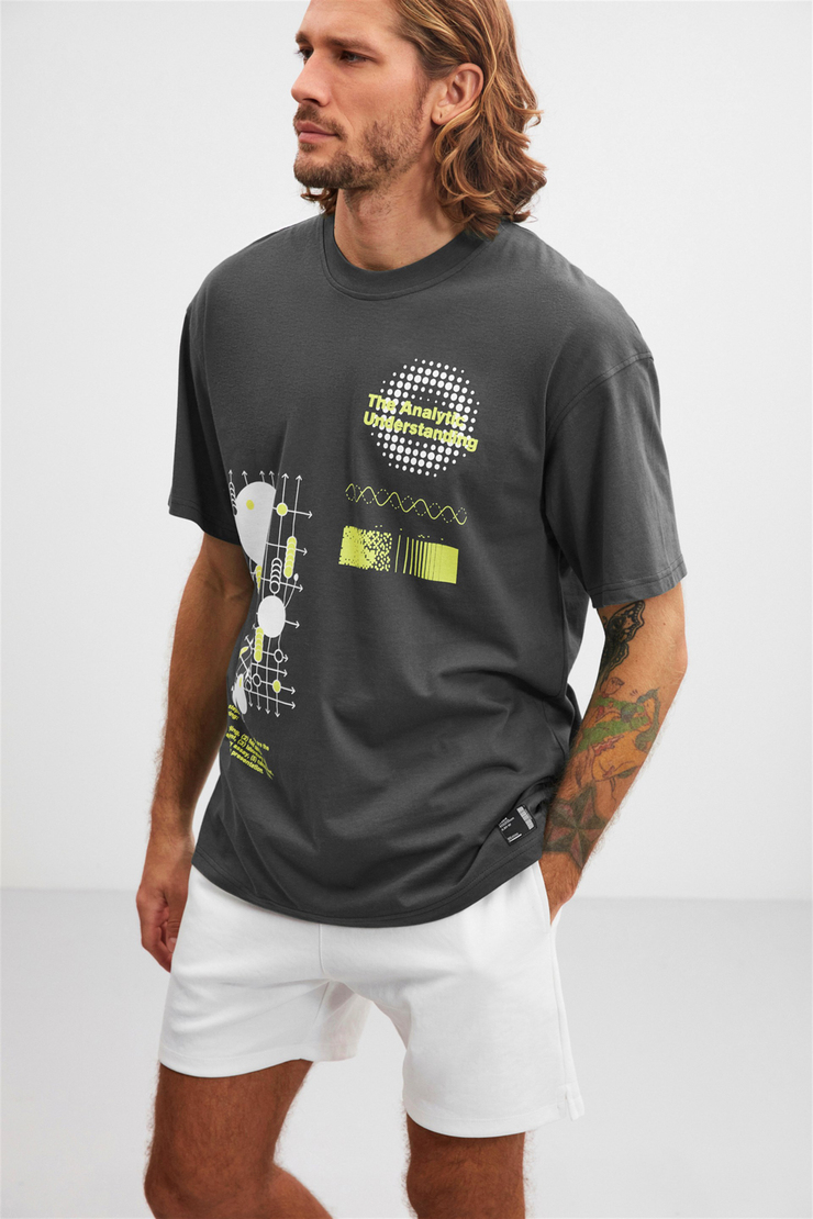 FİELD  Oversize T-Shirt Önü Baskılı Gri  %100 Pamuk Kısa Kollu