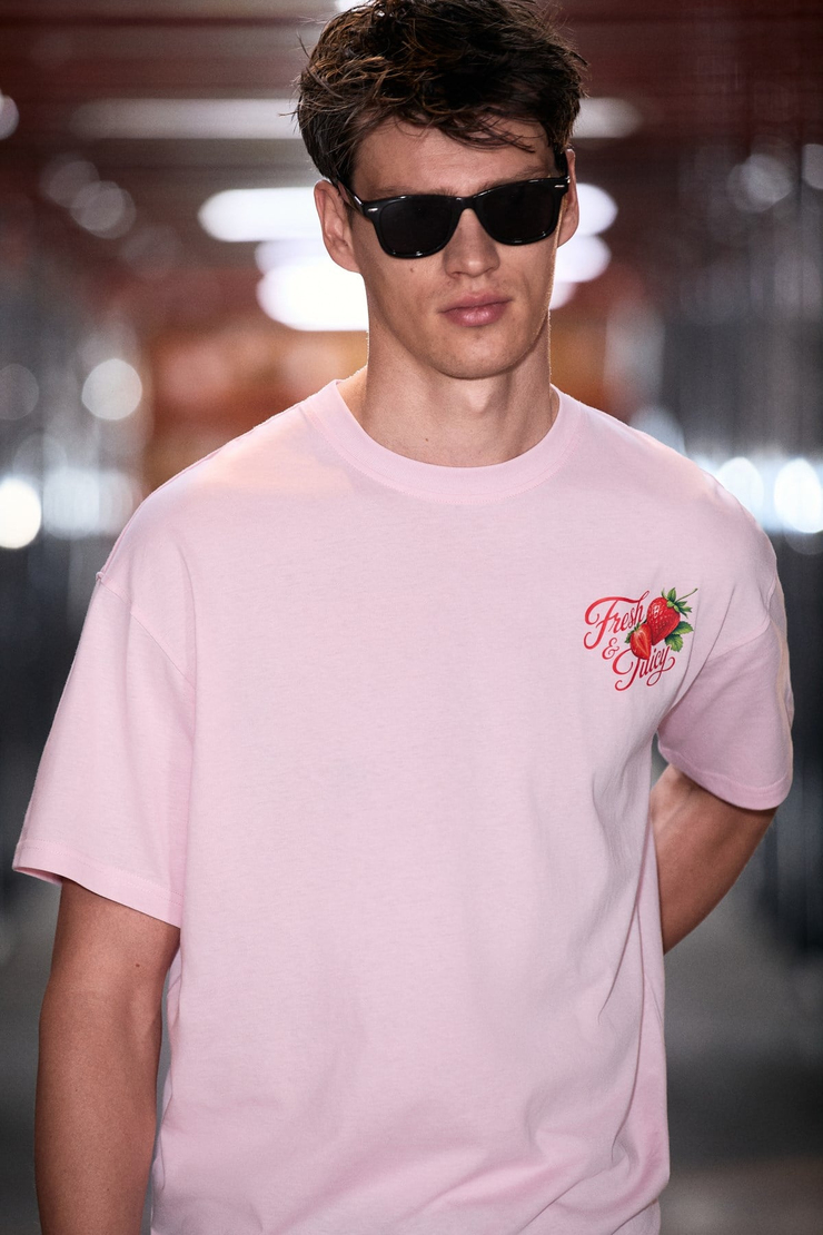 FILIERO Erkek %100 Organik Pamuklu Baskı Detaylı Yuvarlak Yaka Regular Fit Pembe T-Shirt