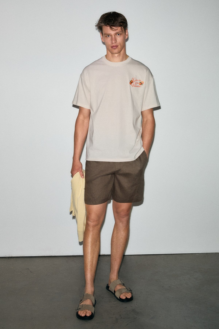 FILIERO Erkek %100 Organik Pamuklu Baskı Detaylı Yuvarlak Yaka Regular Fit Vanilya T-Shirt