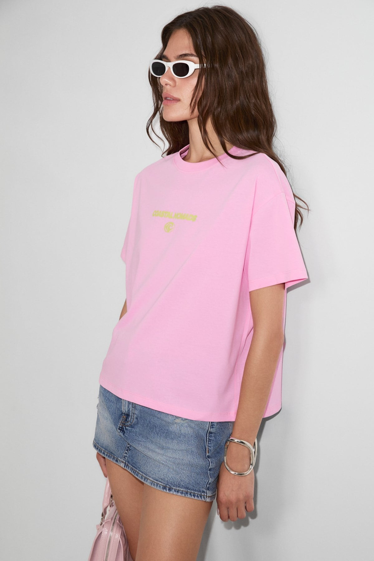 FINESTE Kadın Yumuşak Kumaşlı %100 Organik Pamuklu  Baskı Detaylı Pembe T-Shirt
