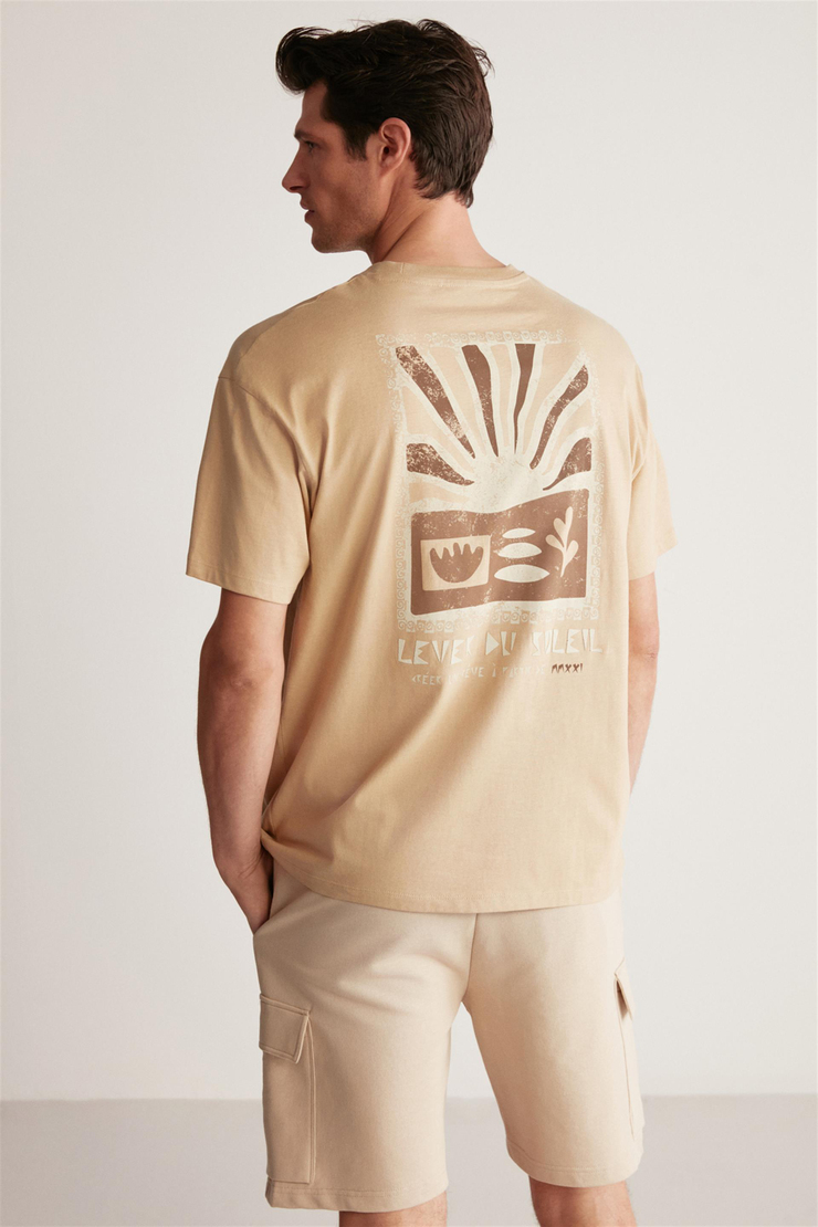 FINN Örme Oversize Bej Tekli T-Shirt