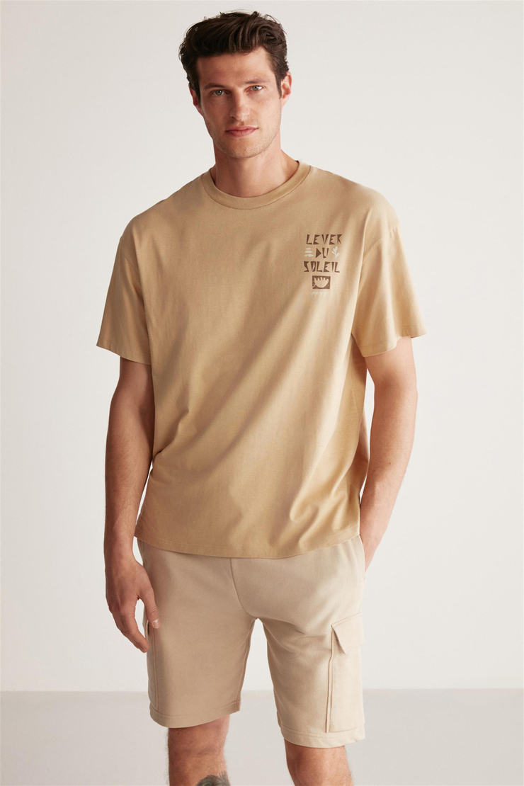 FINN Örme Oversize Bej Tekli T-Shirt