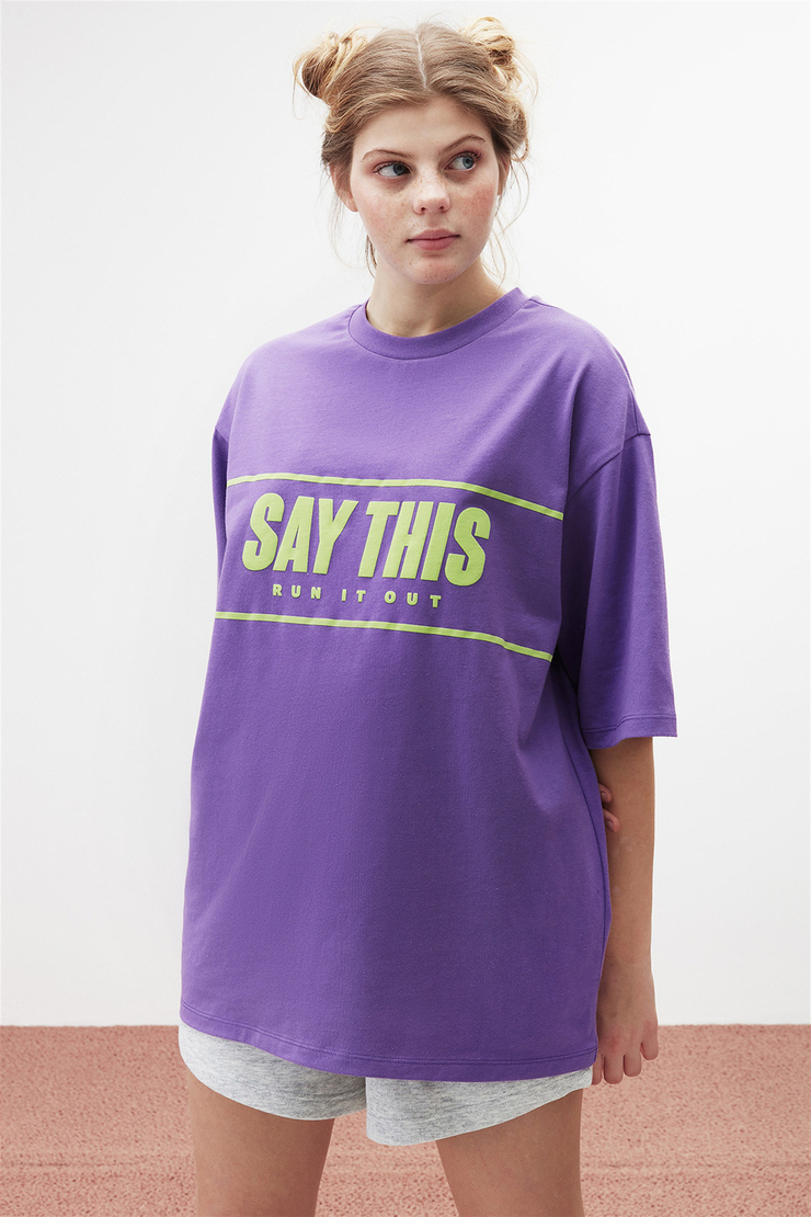 FIONA Kadın Mor Baskılı Yuvarlak Yaka Oversize T-Shirt