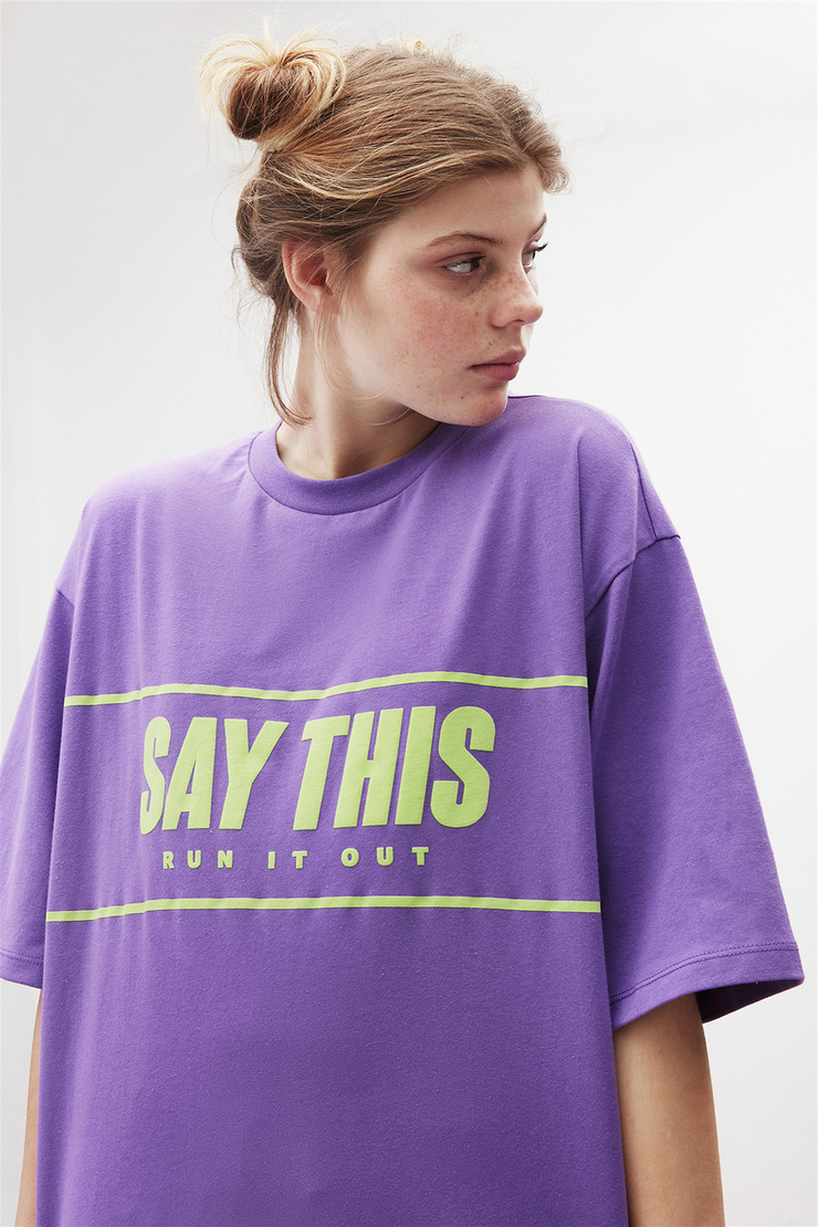 FIONA Kadın Mor Baskılı Yuvarlak Yaka Oversize T-Shirt