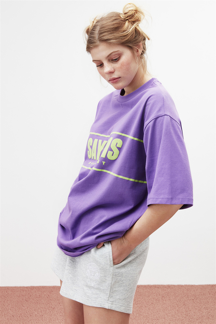 FIONA Kadın Mor Baskılı Yuvarlak Yaka Oversize T-Shirt