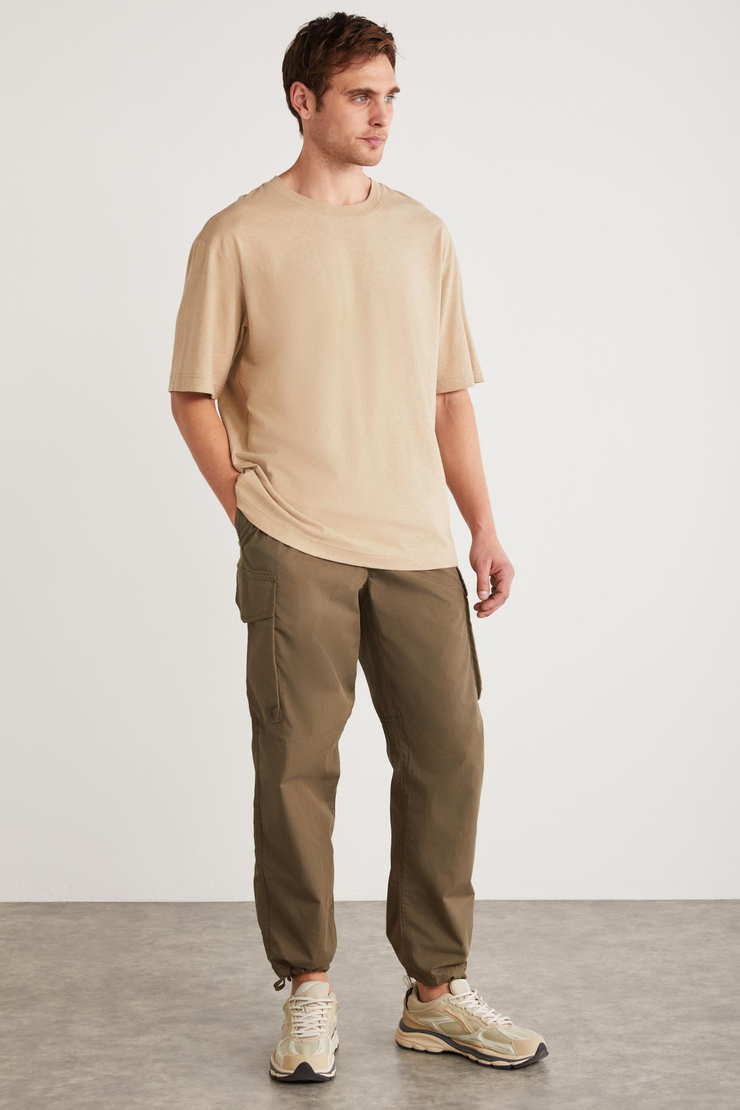 FLETCHER Erkek Oversize Keten Karışımlı Bej T-Shirt