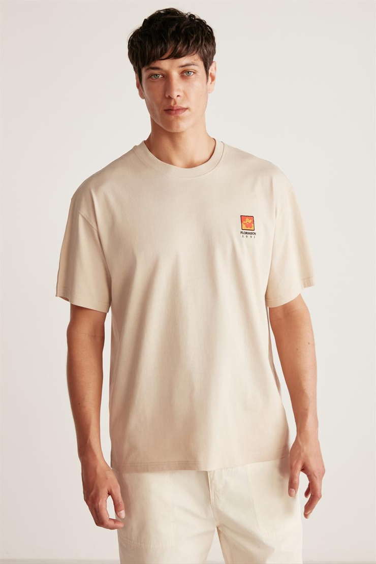 FLORAISON Örme Oversize Bej Tekli T-Shirt