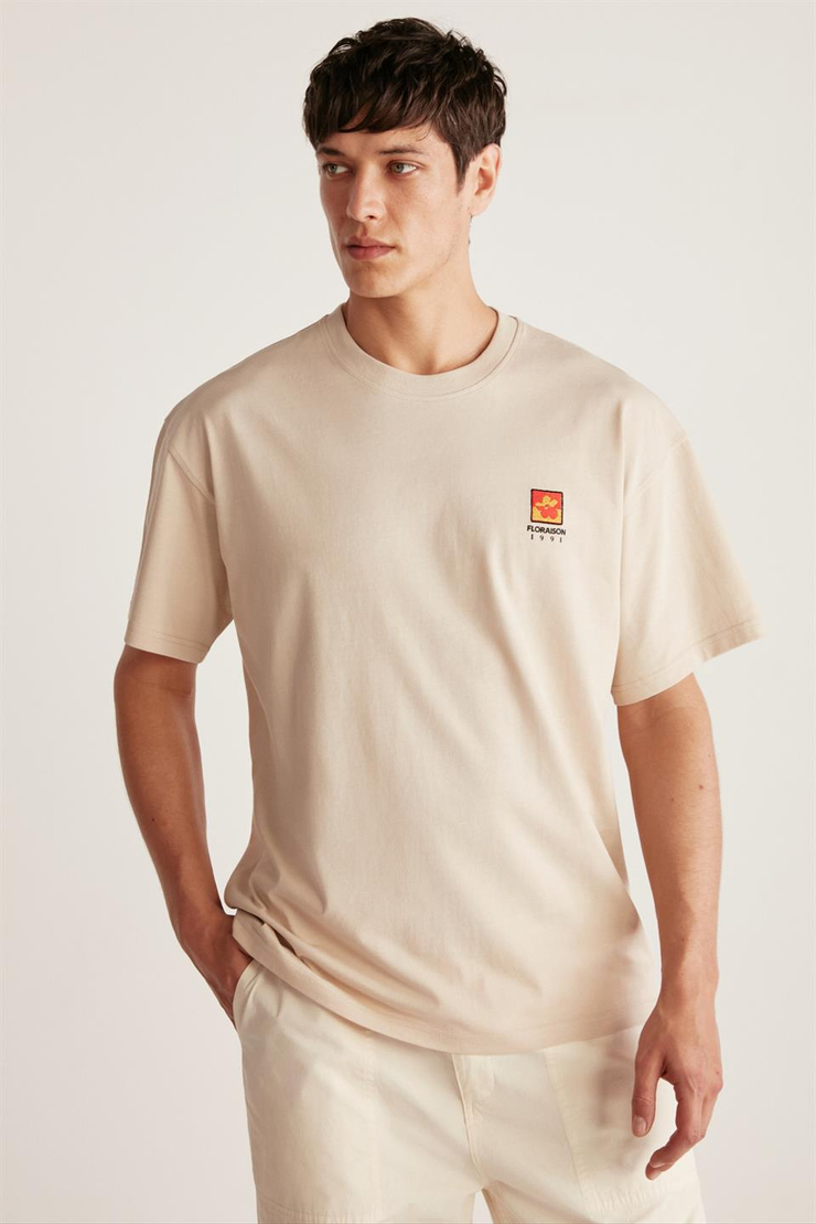 FLORAISON Örme Oversize Bej Tekli T-Shirt