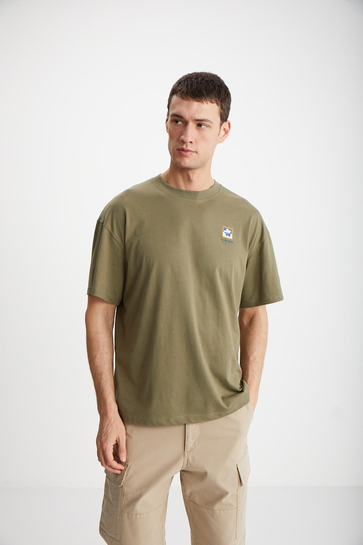 FLORAISON  Oversize Haki Tekli T-Shirt
