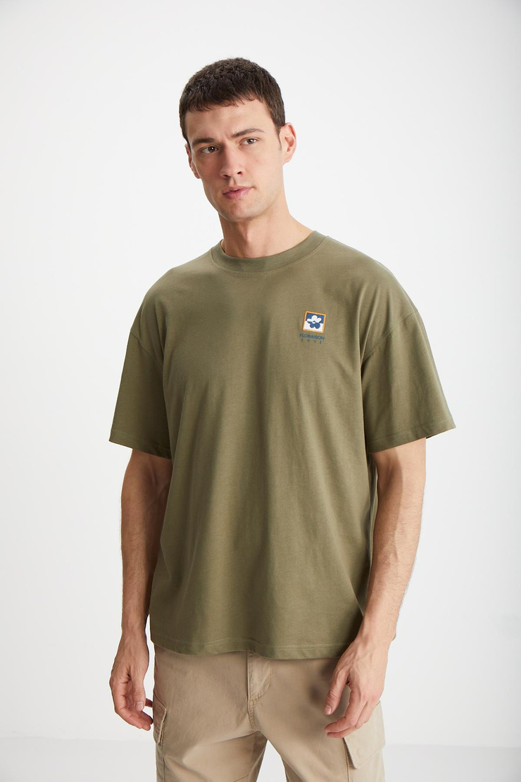 FLORAISON  Oversize Haki Tekli T-Shirt