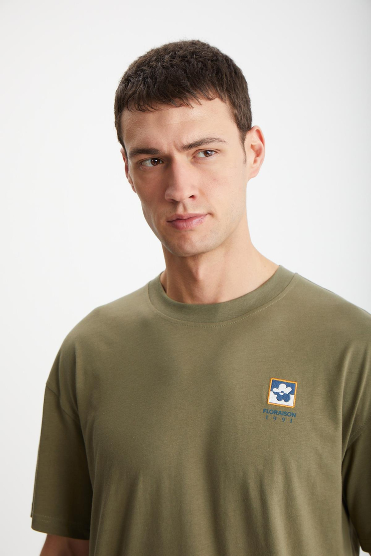 FLORAISON  Oversize Haki Tekli T-Shirt