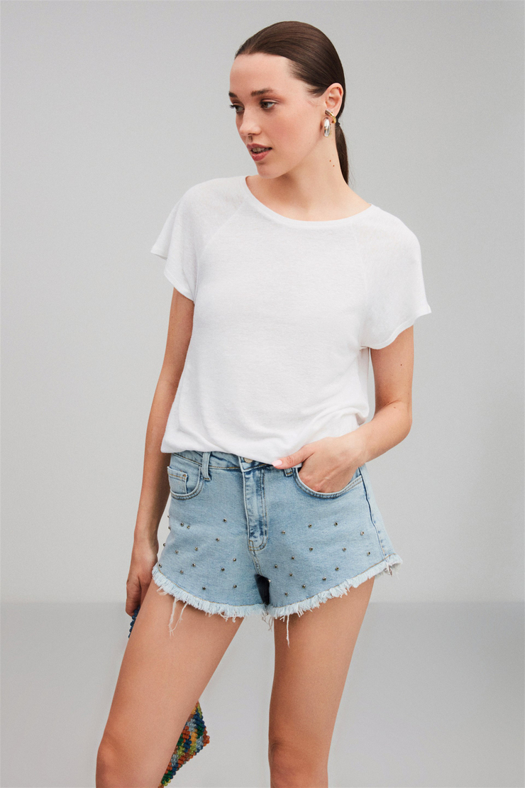 FLORANCE Beyaz Kadın  Yuvarlak Yaka  Kısa Kollu Keten Karışımlı   T-Shirt