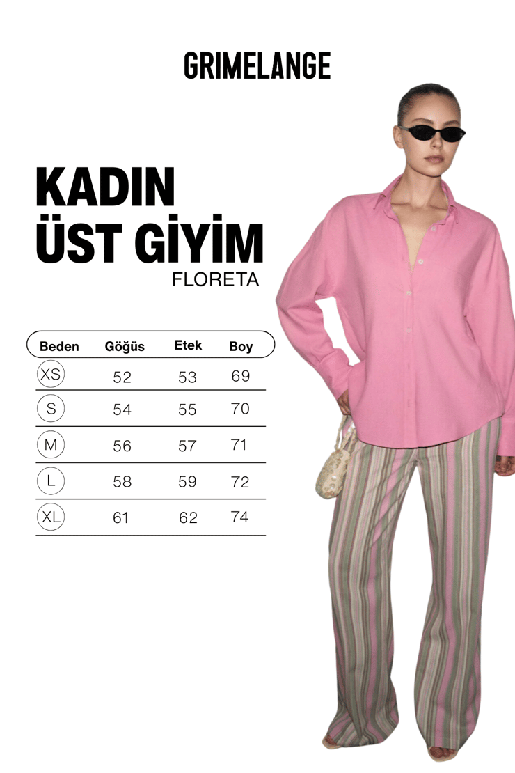 FLORETA Kadın Oversıze Kalıp Keten Karışımlı Uzun Kollu Tek Cepli Pembe Gömlek