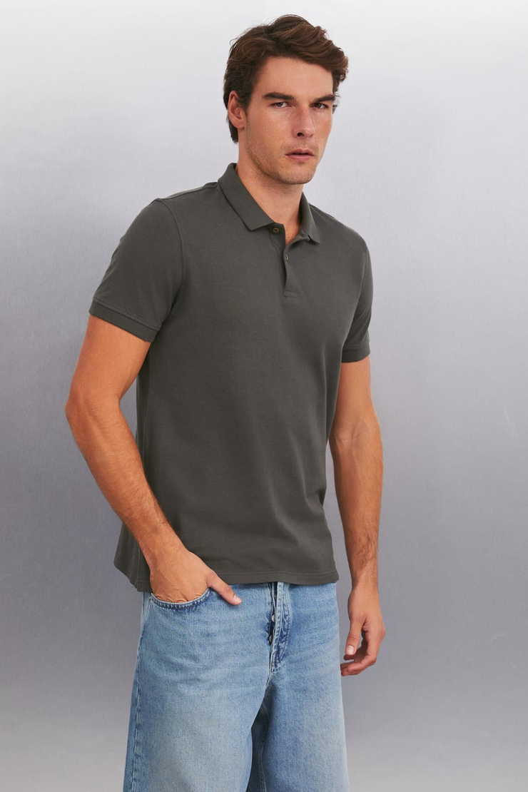 FORET  Regular Antrasit Tekli Polo Yaka T-shirt