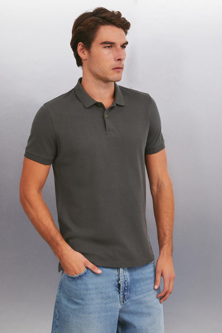 FORET  Regular Antrasit Tekli Polo Yaka T-shirt
